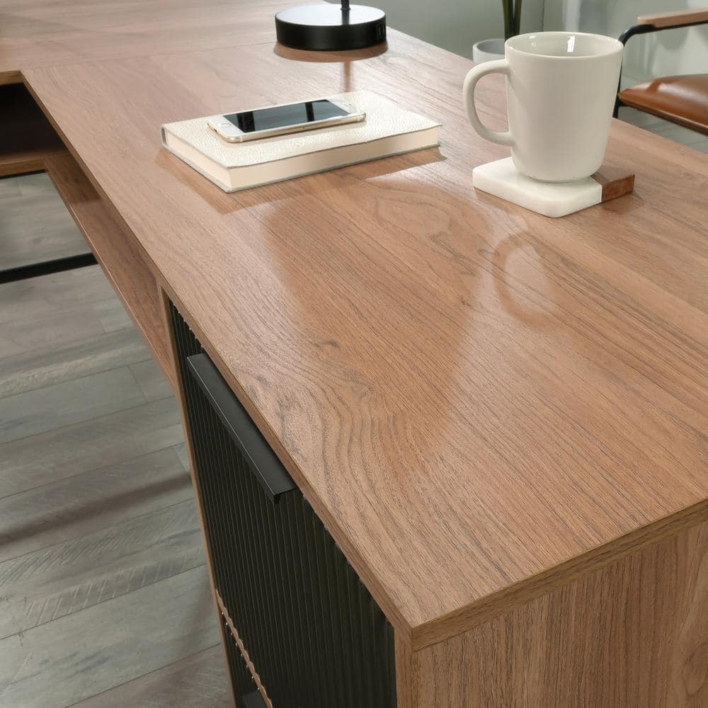 Serene Walnut L-Shaped Corner Desk with Black Drawers and Filing Cabinet
