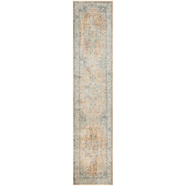 Nourison Astra Machine Washable Beige Blue 2 ft. x 10 ft. Center medallion Traditional Runner Area Rug