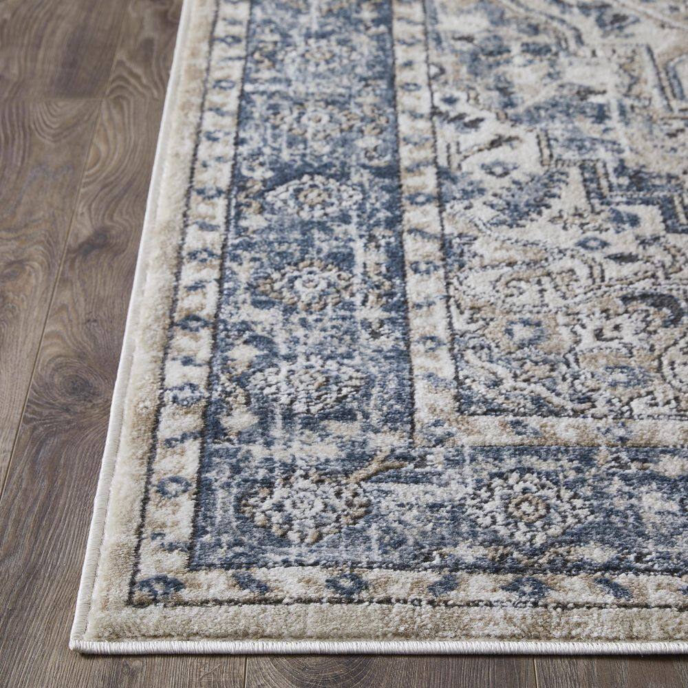 Blue and Beige Floral Medium Pile Synthetic Area Rug