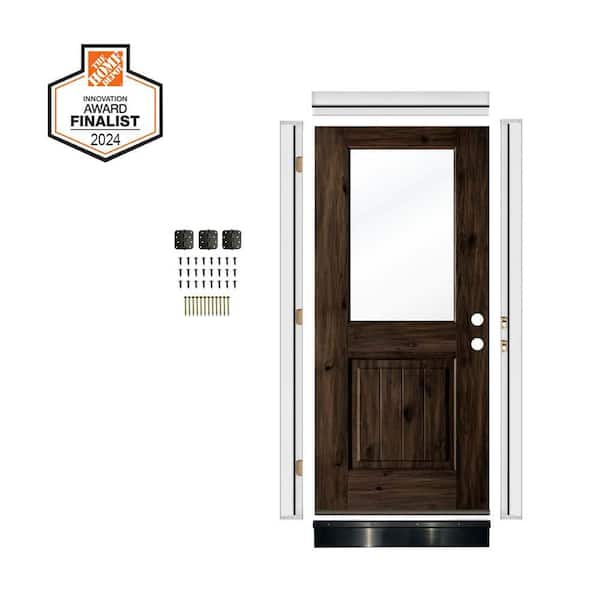 DIY 36 in. x 80 in. Left-Hand Half-Lite Clear Glass Black Stain Alder Wood Front Door Kit Plus Quick Assemble Jamb w/VG