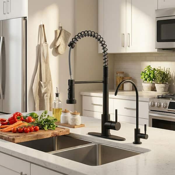 Single Handle Pull-Down Sprayer Kitchen Faucet, Kitchen Faucet with Direct Drinking Water Faucet in Matte Black