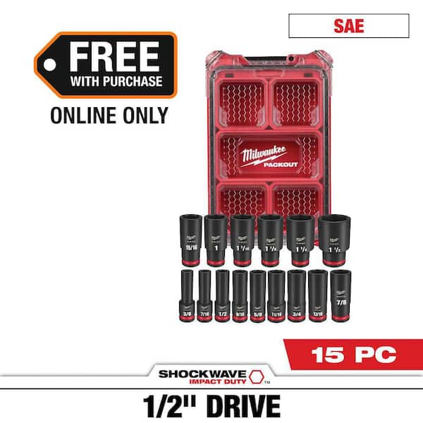 SHOCKWAVE Impact-Duty 1/2 in. Drive SAE Deep Well Impact PACKOUT Socket Set (15-Piece)