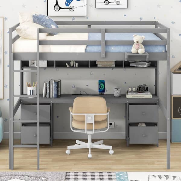 Harper & Bright Designs Gray Full Size Multifunctional Wood Loft Bed with Bedside Tray, 4 Cabinets, Charging Station, Desk and 4 Drawers