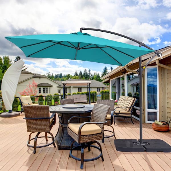 Sonkuki 8.2 ft. x 8.2 ft. Square Offset Cantilever Patio Umbrella with a Base in Lake Blue