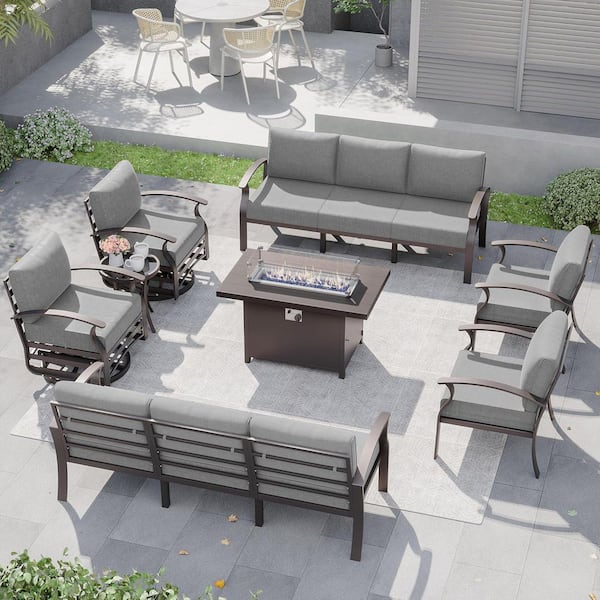 Halmuz 10-Seat Aluminum Patio Fire Pit Set with armrest, Swivel Rocking Chairs, Coffee Table and Grey Cushions