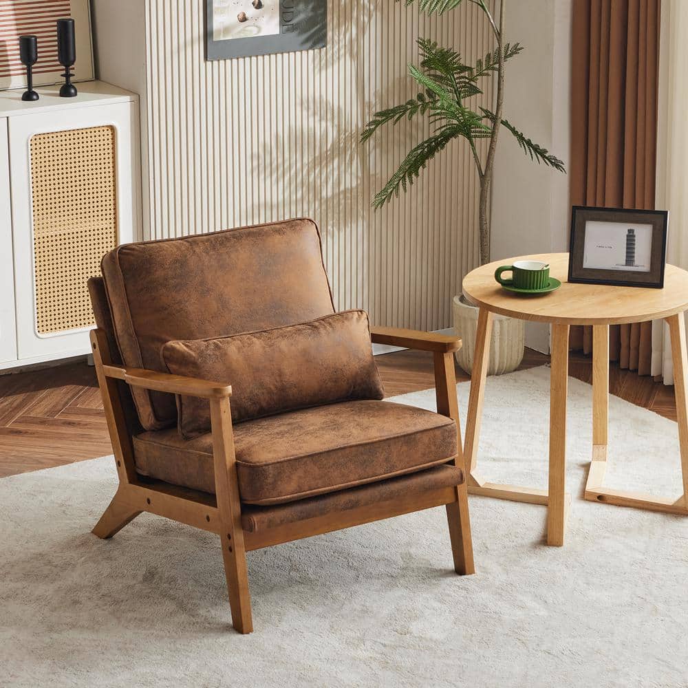 Brown Suede Wood Frame Mid-Century Modern Accent Chair