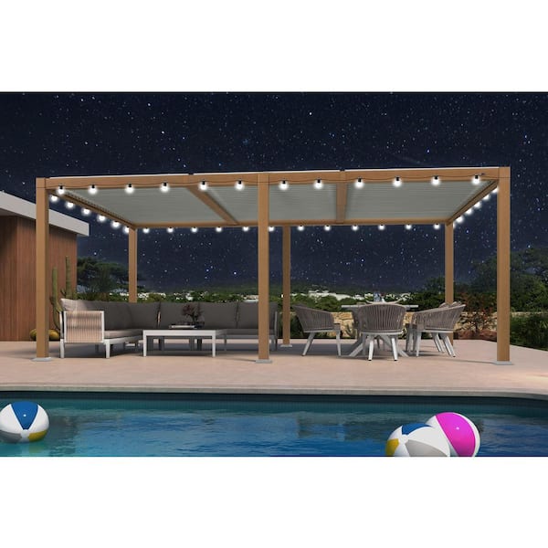 11.7 ft. x 18.2 ft. Wood Grain Aluminum Outdoor Louvered Pergola with Adjustable Roofs and Solar String Lights