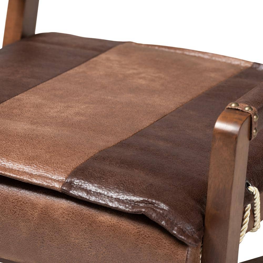 Rovelyn Rustic Brown Faux Leather & Walnut Wood Accent Chair