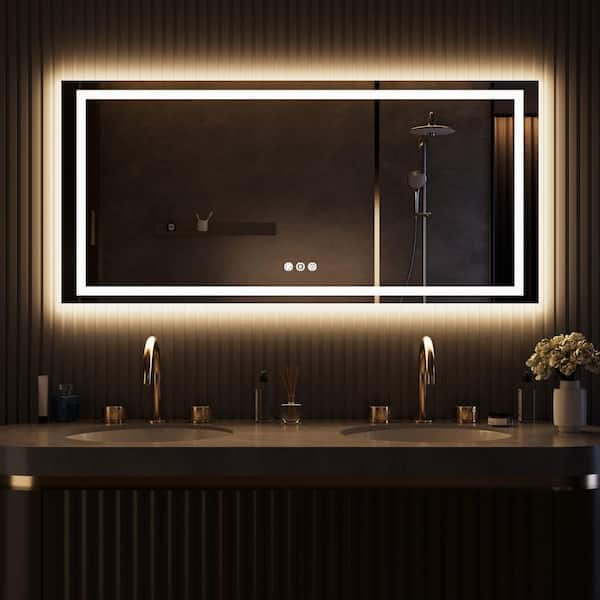 Large 60 in. W x 28 in. H Rectangular Frameless Anti-Fog LED Light Wall Bathroom Vanity Mirror with Front and Backlit