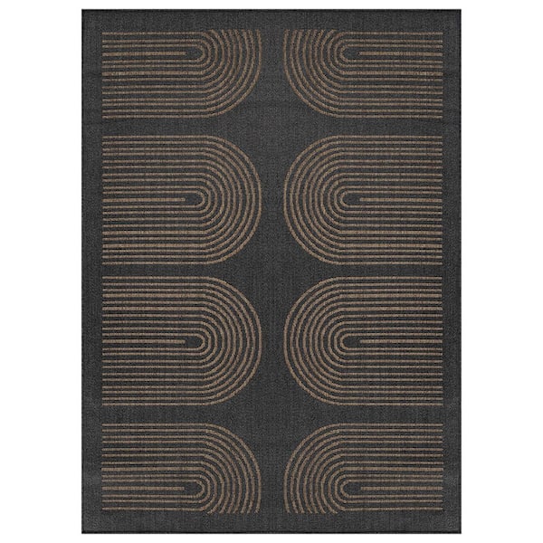 Geometric Border Dark Gray/Natural Easy-Care Jute-Style Indoor/Outdoor Flat Woven Area Rug 7'10" x 10' Dark Gray