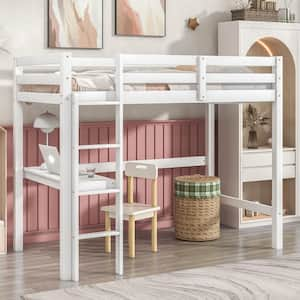 White Twin Size Wooden Loft Bed with Built-in Desk