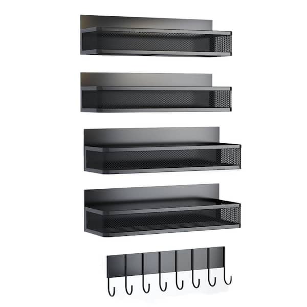 5-Piece Black Magnetic Spice Rack with 8-Hook Rack, Moveable Magnetic Fridge Organizer