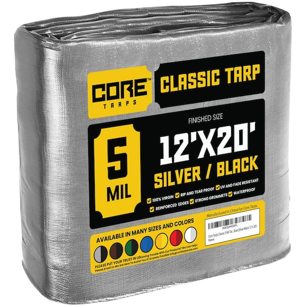 CORE TARPS 12 ft. x 20 ft. Silver/Black 5 Mil Heavy Duty Polyethylene Tarp, Waterproof, UV Resistant, Rip and Tear Proof