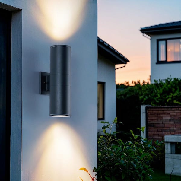 18 in. 2-Light Black Die-Cast Aluminum Cylinder Outdoor Hardwired Wall Lantern Sconce with No Bulbs Included (2-Pack)