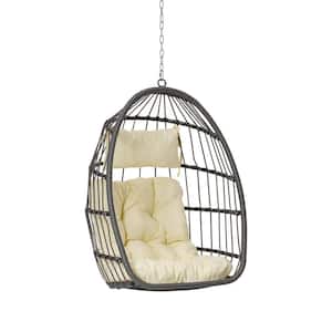 Modern Outdoor Garden Wood Rattan Egg Swing Chair Hanging Chair Porch Swing with Beige Cushion