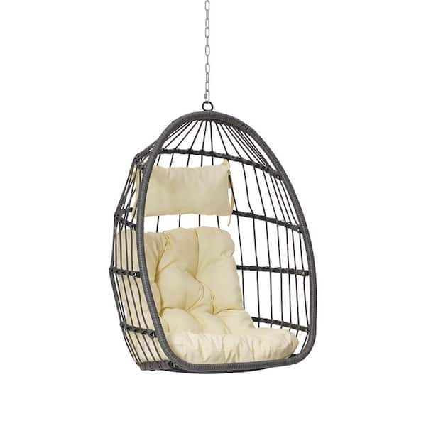 Modern Outdoor Garden Wood Rattan Egg Swing Chair Hanging Chair Porch Swing with Beige Cushion