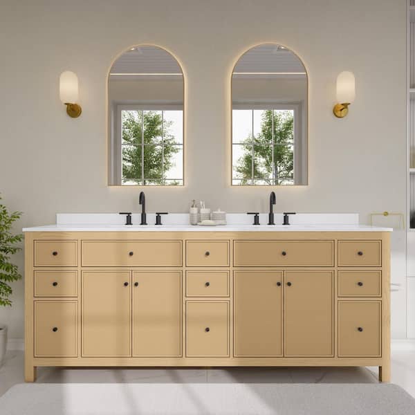 Pendry 84 in. Double Freestanding Tanned Oak Bath Vanity with White Quartz Top Assembled