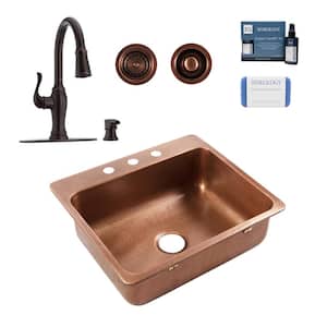 Angelico 25 in. 3-Hole Drop-In Single Bowl 17 Gauge Antique Copper Kitchen Sink with Maren Bronze Faucet Kit