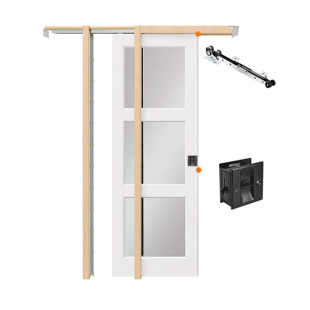 32 in. x 80 in. White Primed Wood 3 Lite Mirrored Glass Sliding Pocket Door with Frame, Black Lock and Soft Close Incl price history on PriceWatchPro