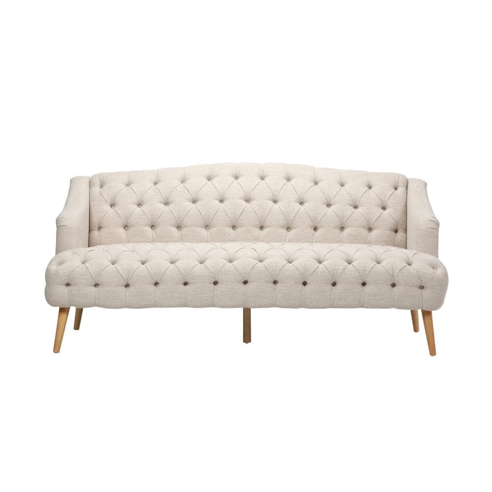 Beige Velvet Tufted Lawson Sofa with Sloped Arms and Wood Frame