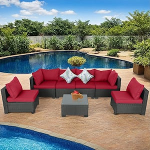 7-Piece Dark Coffee Wicker Patio Outdoor Sectional Sofa with Coffee Table and Red Cushions