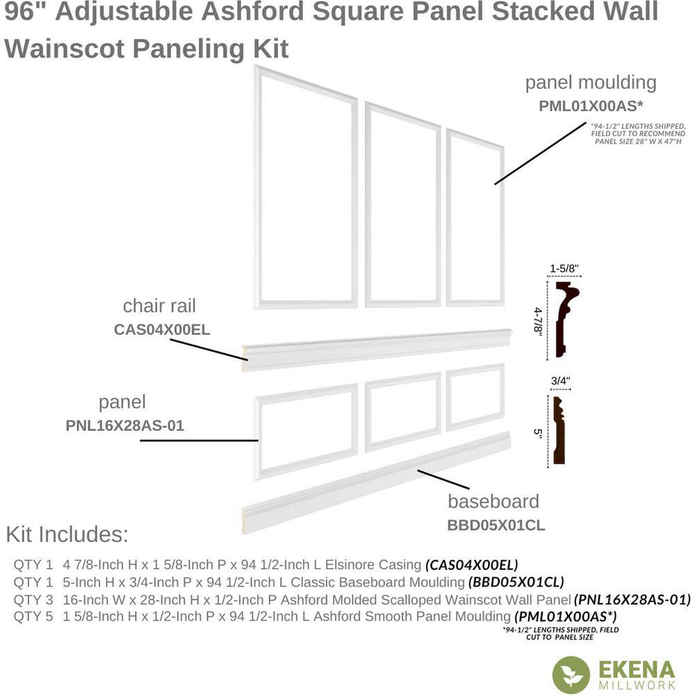 Adjustable White Polyurethane Ashford Square Panel Wainscot Kit