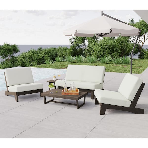 Uixe 4-Piece Acacia Wood Brown Outdoor Club Single and Loveseat Chair Set with Removable White Cushions and Coffee Table