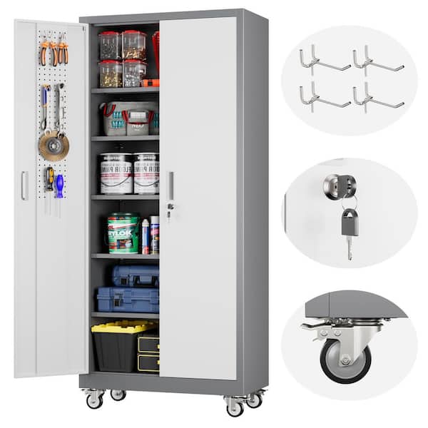 32 in. W x 71 in. H x 16 in. D Garage Storage Freestanding Cabinet w/Pegboard and 5-Adjustable Shelves in White and Gray