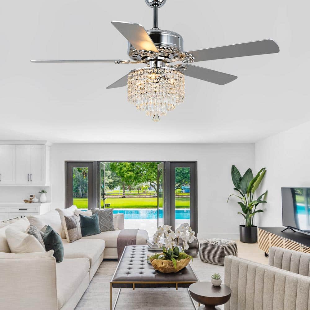 52" Silver Crystal Chandelier Ceiling Fan with Remote and Light Kit