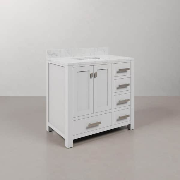 Madison 36 in. W x 21.5 in. D x 34 in. H Single Sink Bath Vanity in Pure White with Carrara White Marble Top