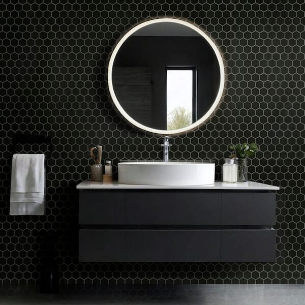 Retro Black 2 in. Hexagon 11 in. x 12 in. x 0.24 in. Matte Porcelain Mesh-Mounted Mosaic Tile (0.96 sq. ft./Each)
