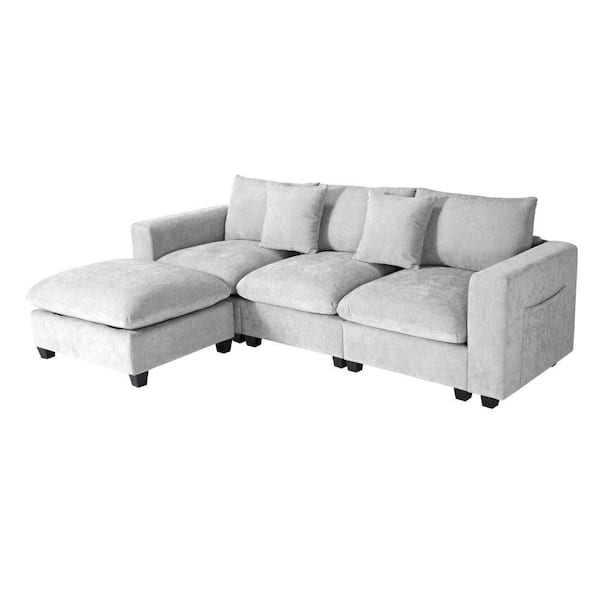 Lucca 99 in Square Arm 4-Piece Chenille Modular Sectional Sofa Ottoman Set w/ USB Charge Port in. Light Gray