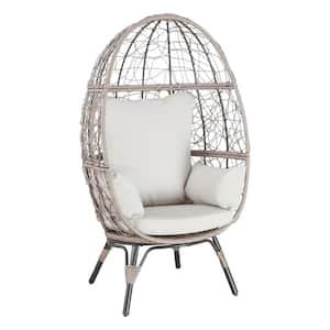 Patio Outdoor Wicker Egg Lounge Chair with Beige Cushions