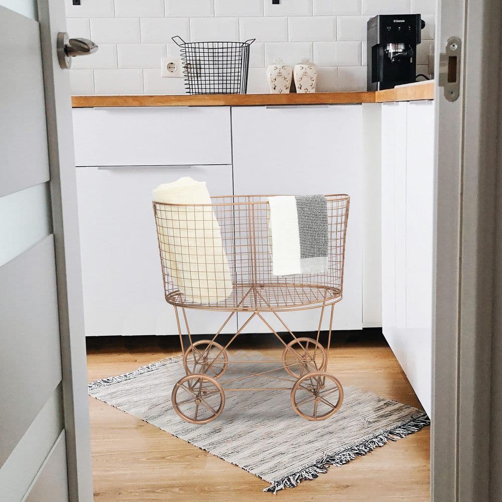 Bronze Metal Vintage Rolling Laundry Basket with Wheels