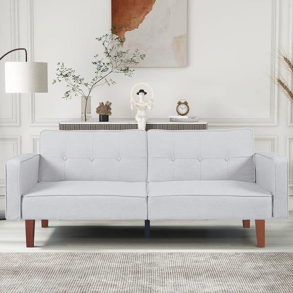 Mydepot 68 in.W Light Grey Linen Arm Chair Convertible Sofa Bed Couch with Spilt Backrest for Apartment