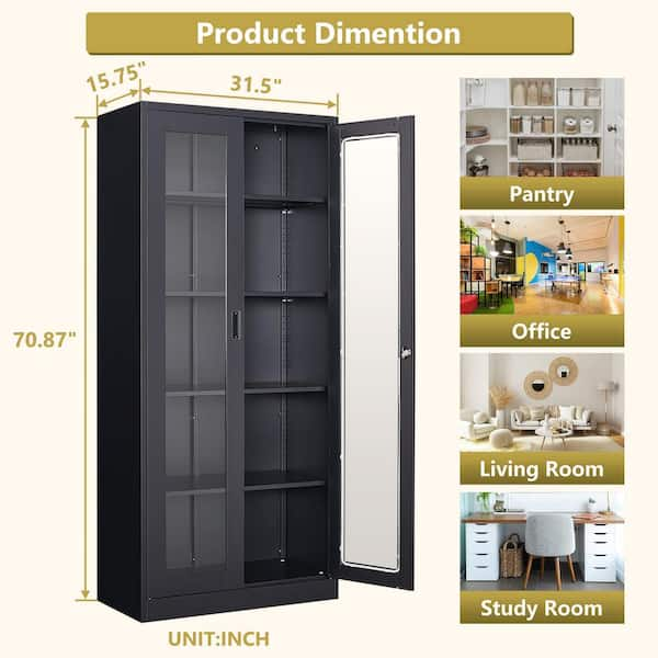 LISSIMO 31.5 W x 70.87 H x 15.75 D Steel Storage Freestanding Cabinet with Glass Door and 4 Adjustable Shelves in Black