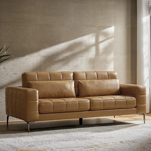 JAYDEN CREATION Barbara 87.5 in. Tracked Faux Leather Arm Modern Rectangle Sofa with Adjustable Height and Back Slope in Camel