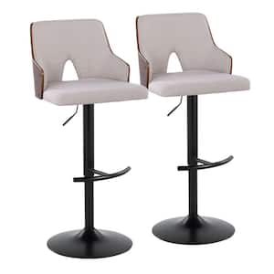 Stella 34 in. Beige Fabric, Walnut Wood and Black Metal Adjustable Bar Stool with Rounded T Footrest (Set of 2)