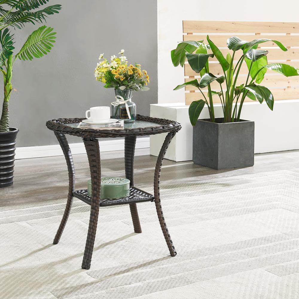 Brown Square Wicker Outdoor Glass Side Table with Storage