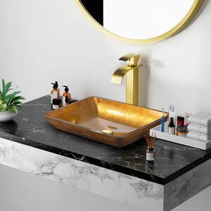 Terpsichore Gold Tempered Glass Rectangular Vessel Sink with Faucet and Pop Up Drain