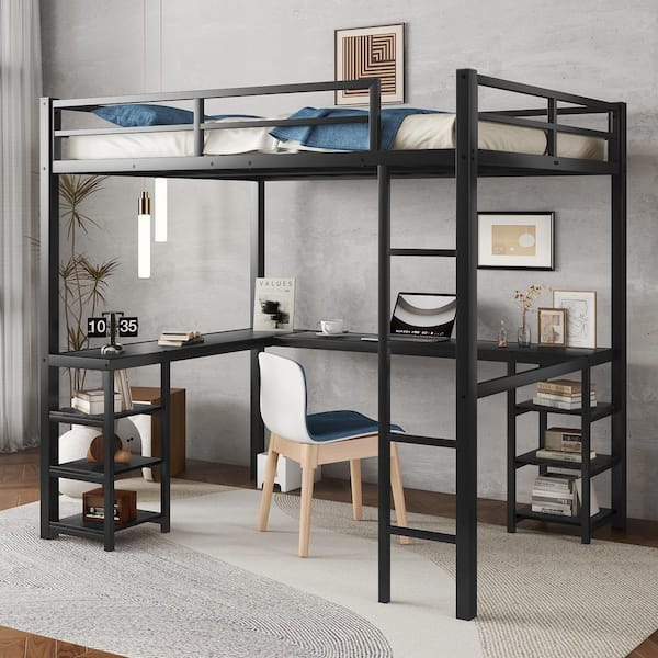 Full Black Metal Frame Loft Bed with Metal Desk and Shelves for Kids and Teens