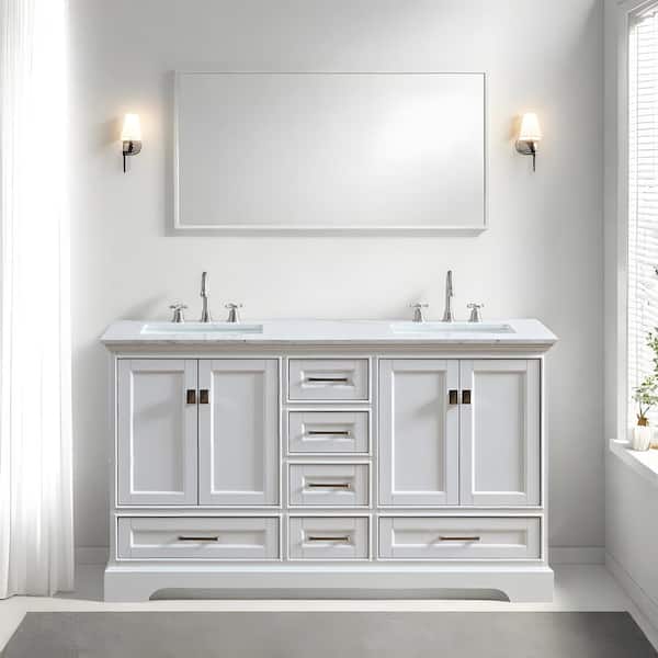 HBEZON Pallas 60 in. W x 22 in. D x 34.5 in. H Double Sink Freestanding Bath Vanity with White with White Cultured Marble Top