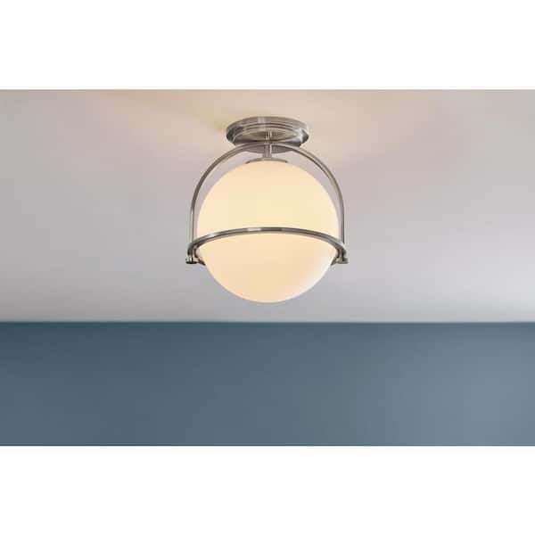 Owens 11.25 in. 1-Light Brushed Nickel Semi-Flush Mount Ceiling Light Fixture with White Glass Globe Shade