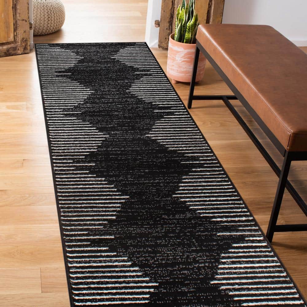 Bohemian Black and White Stripe Synthetic Runner Rug 2' x 7'