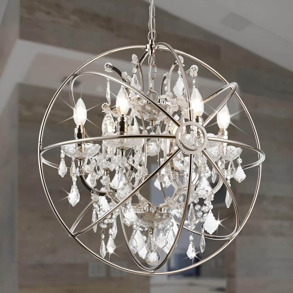 Eleganty 6-Light Nickel Globe Chandelier for Stairsway Foyer with No Bulbs 