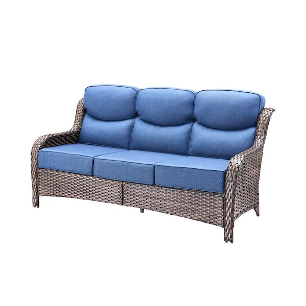 1-Piece Brown Wicker Patio Conversation Outdoor Couch, Patio Sofa with Blue Radian Cushions
