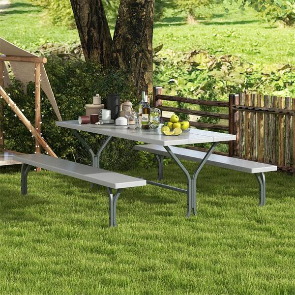 HONEY JOY 72 in. Grey Rectangle Metal Frame Picnic Tables Bench Set for 8 Person TOPB007933