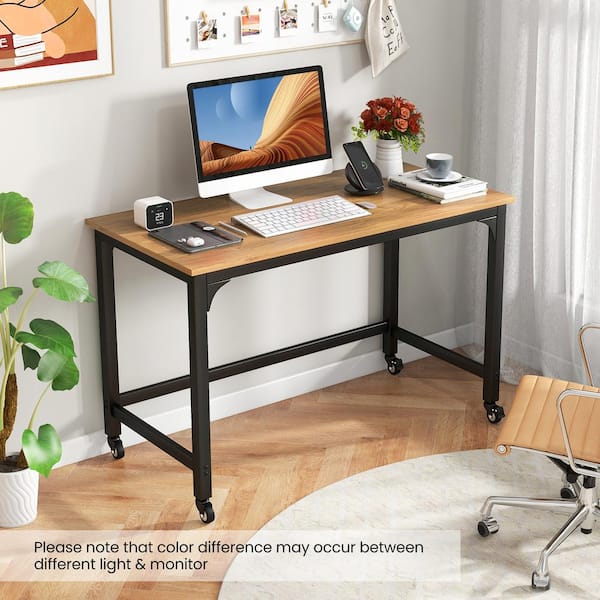 HONEY JOY 48 in. Rectangular Natural Rolling Computer Desk Mobile
