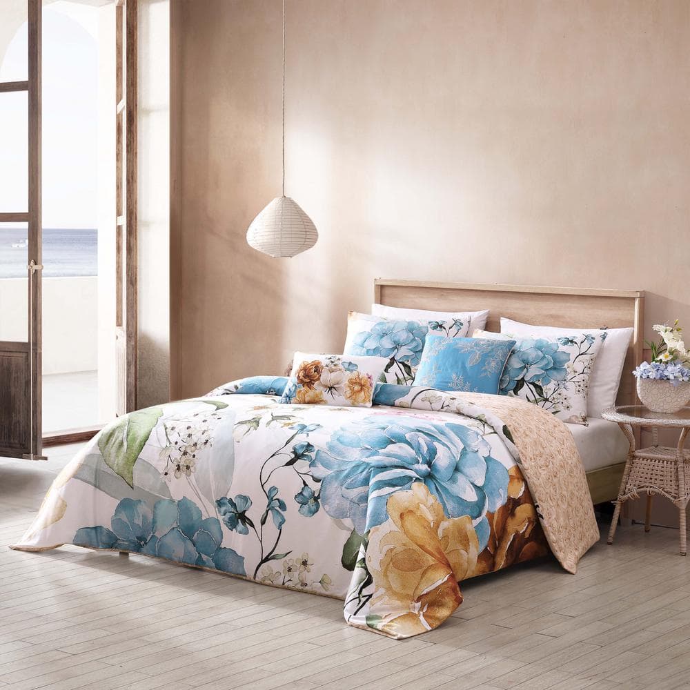 Blush and Blue Cotton Queen Reversible Floral Comforter Set