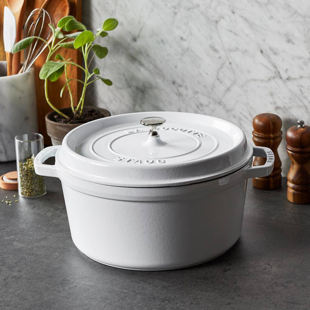 White Enameled Cast Iron 7-8 Qt Round Dutch Oven